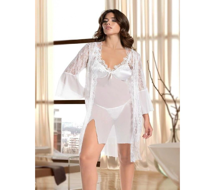 Beyaz Transparan Dantel İşlemeli Tül Yırtmaçlı 2li Gecelik Takımı
