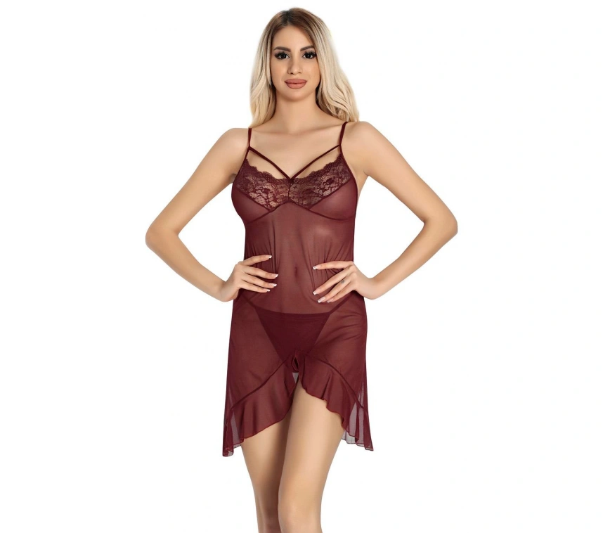 Bordo Dantel İşlemeli Göğğüs İp Detaylı Fantezi Tül Gecelik