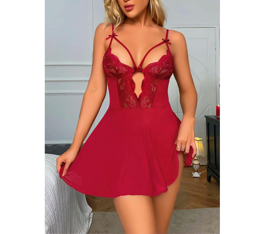 Bordo Dantel İşlemeli Göğüs İp Detaylı Fantezi Tül Gecelik Takımı