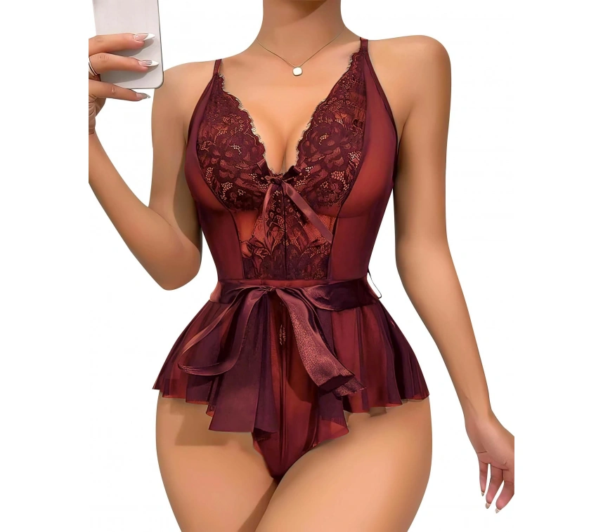 Bordo Dantel İşlemeli Kurdelalı Fantezi Tül Babydoll