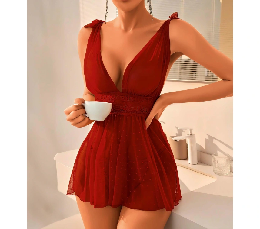 Bordo Dantel İşlemeli Puantiyeli Tül Fantezi Gecelik