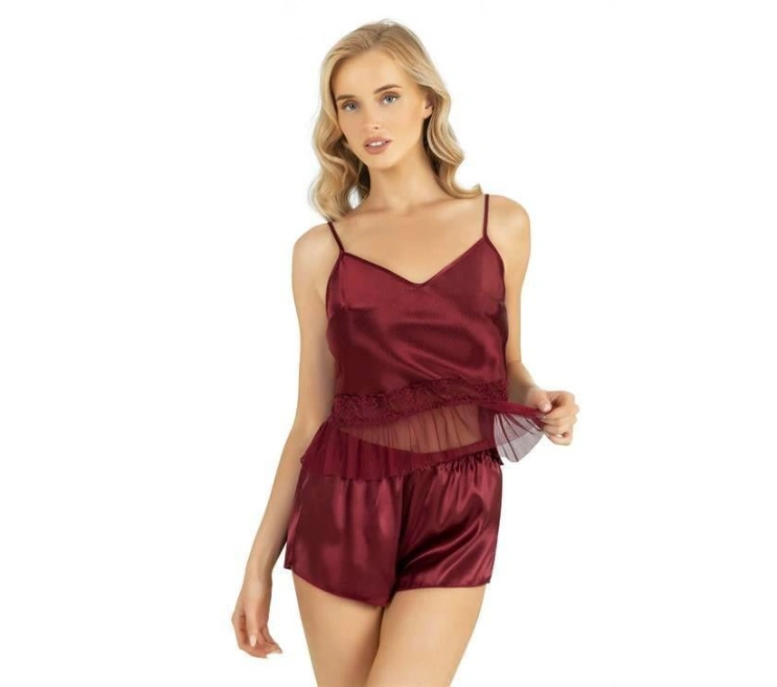 Bordo Saten Şort Takımı 9209
