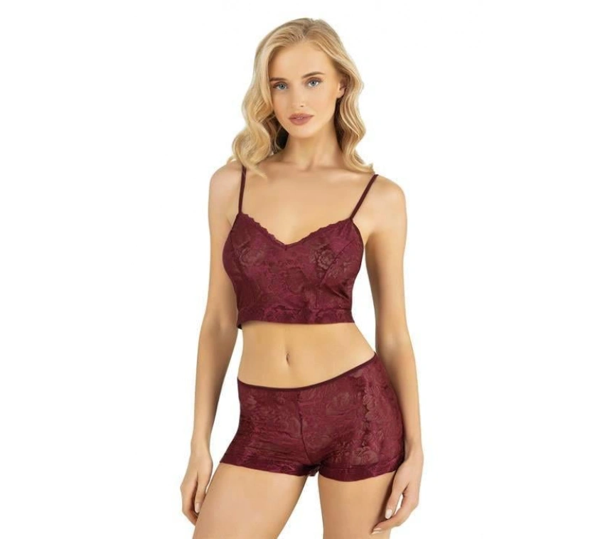 Bordo Saten Şort Takımı 9219
