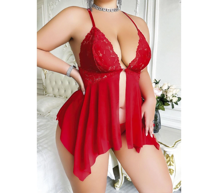 Büyük Beden Dantel İşlemeli Fırfırlı Dekolteli Fantezi Tül Kırmızı Gecelik