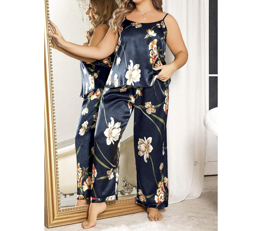 Büyük Beden Mavi Üstüne Çiçek Desenli İnce Askılı 2li Saten Pijama Takımı
