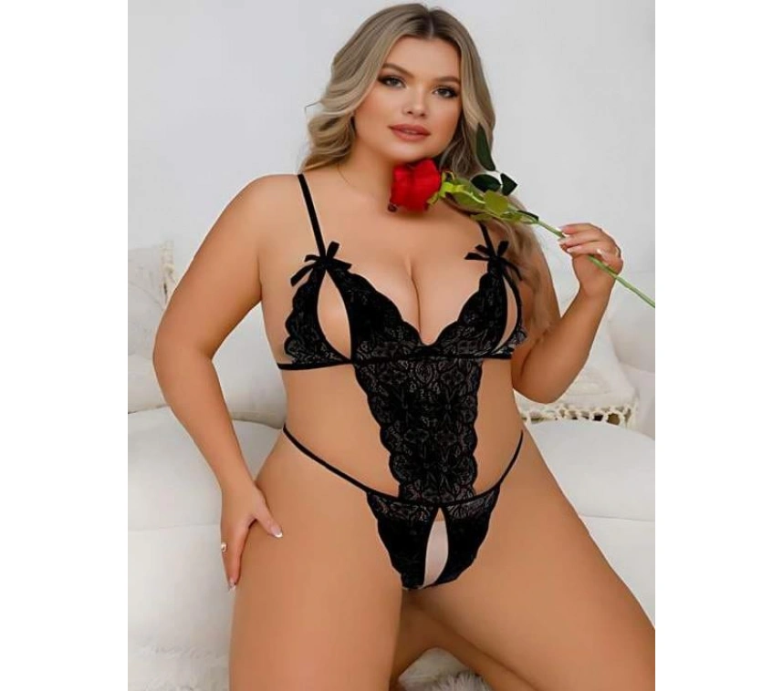 Büyük Beden Siyah Dantel İşlemeli Dekolteli Fantezi Babydoll