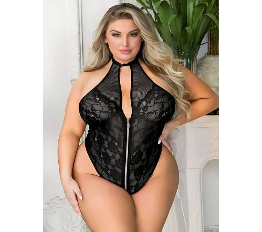 Büyük Beden Siyah Dantel İşlemeli Fermuarlı Fantezi Babydoll