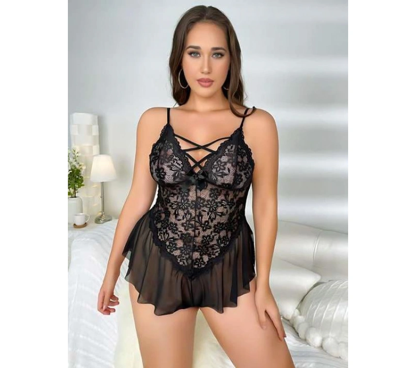 Büyük Beden Siyah Dantel İşlemeli Fırfırlı Fantezi Babydoll
