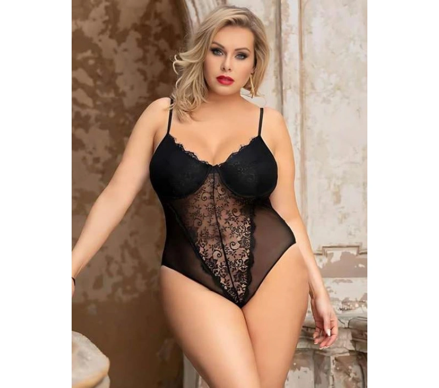 Büyük Beden Siyah Dantel İşlemeli Tül Fantezi Babydoll
