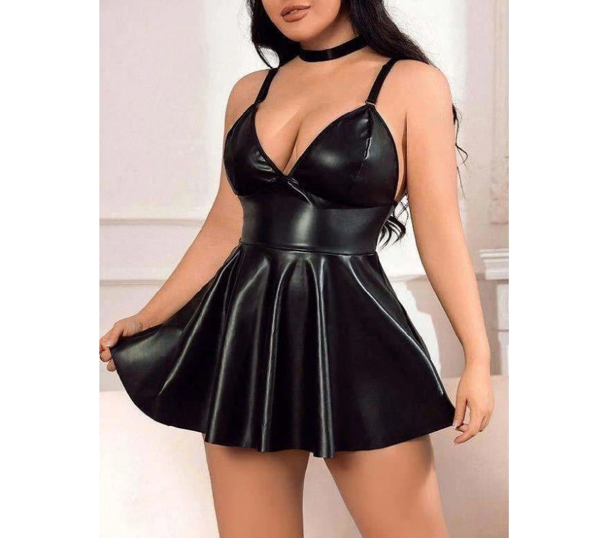 Büyük Beden Siyah Deri Fantezi Elbise