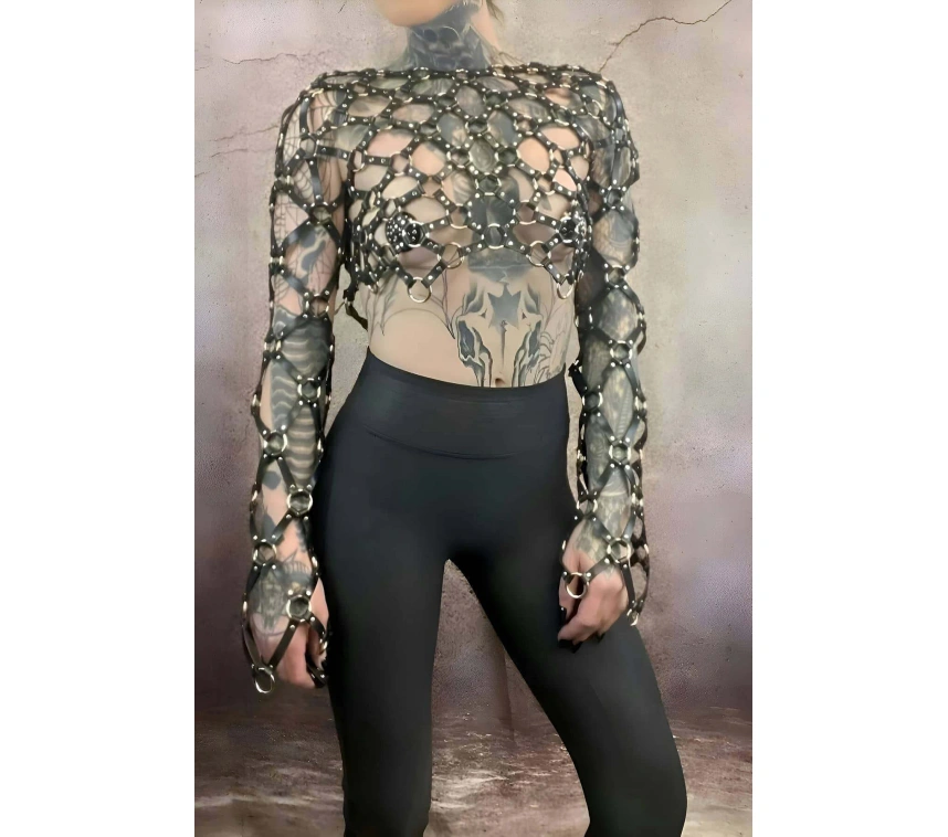 Çapraz Tasarım Uzun Kollu Deri Crop Bağlamalı Büstiyer Harness- Brf1076