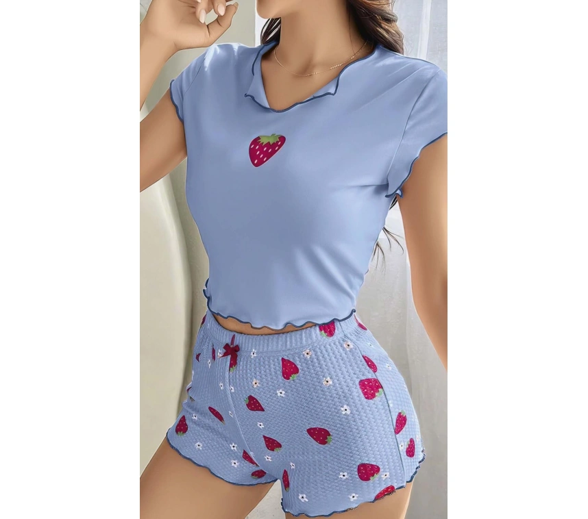 Çilek Desenli Mavi Seksi Pijama Takım