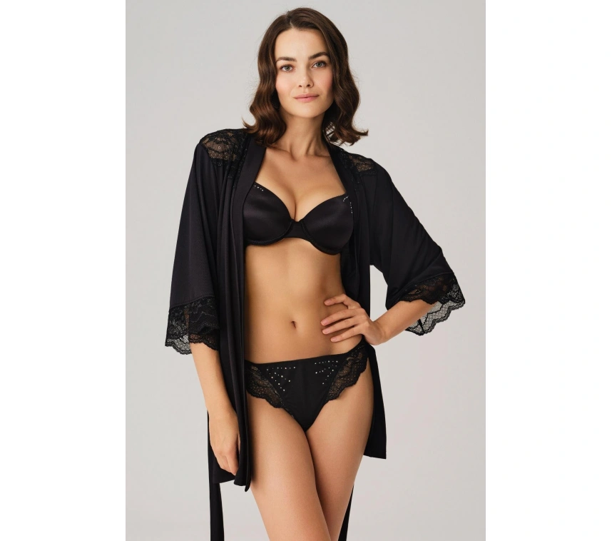 Dantelli Sabahlık Balenli Destekli Dolgulu Taşlı Sütyen Ve String 3lü Takım