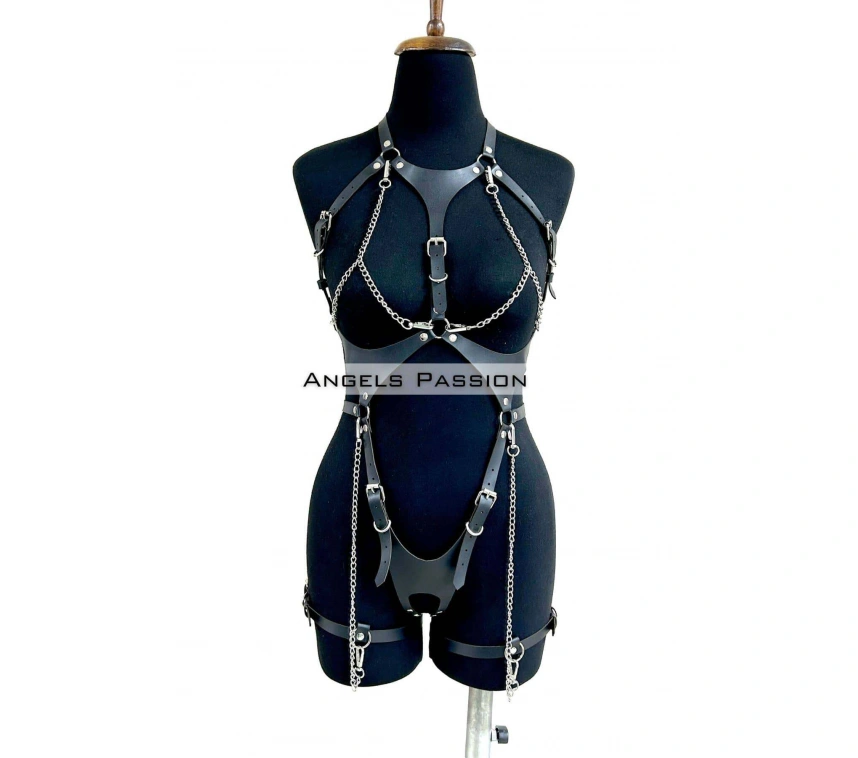 Deri Body Harness, Zincir Ve Kelepçeli Fantezi İç Giyim - Brf1098