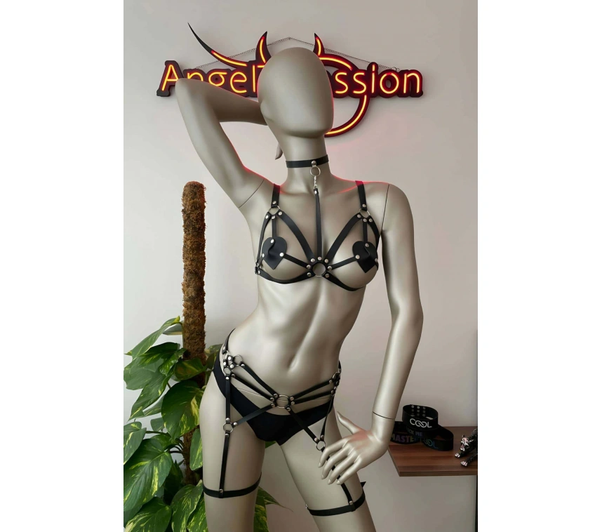 Deri Jartiyer Siyah Harness Takım - Brf451