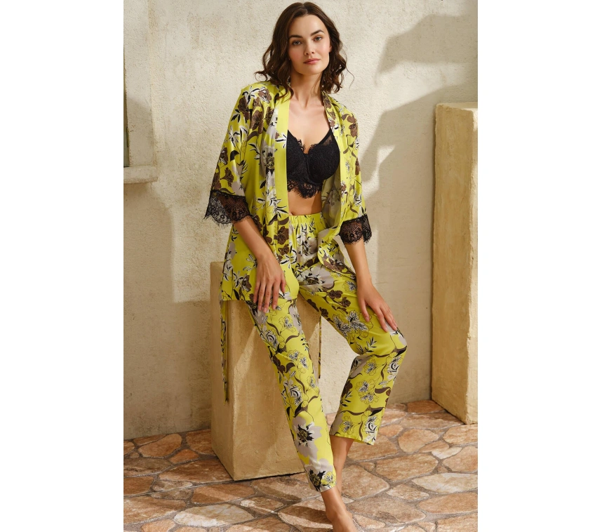 Dokuma Viskon Çiçek Baskılı Dantelli Sabahlık Balenli Desteksiz Dolgusuz Büstiyer Sütyen Ve Pantolon Pijama 3lü Takım