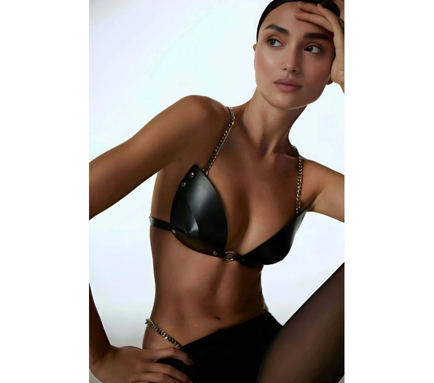 Fantazi Zincirli G-string Sütyen Külot Takımı Deri Harness - Brf1227