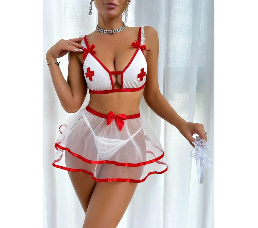 Fantezi Beyaz Tül Etekli Seksi Hemşire Kostümü