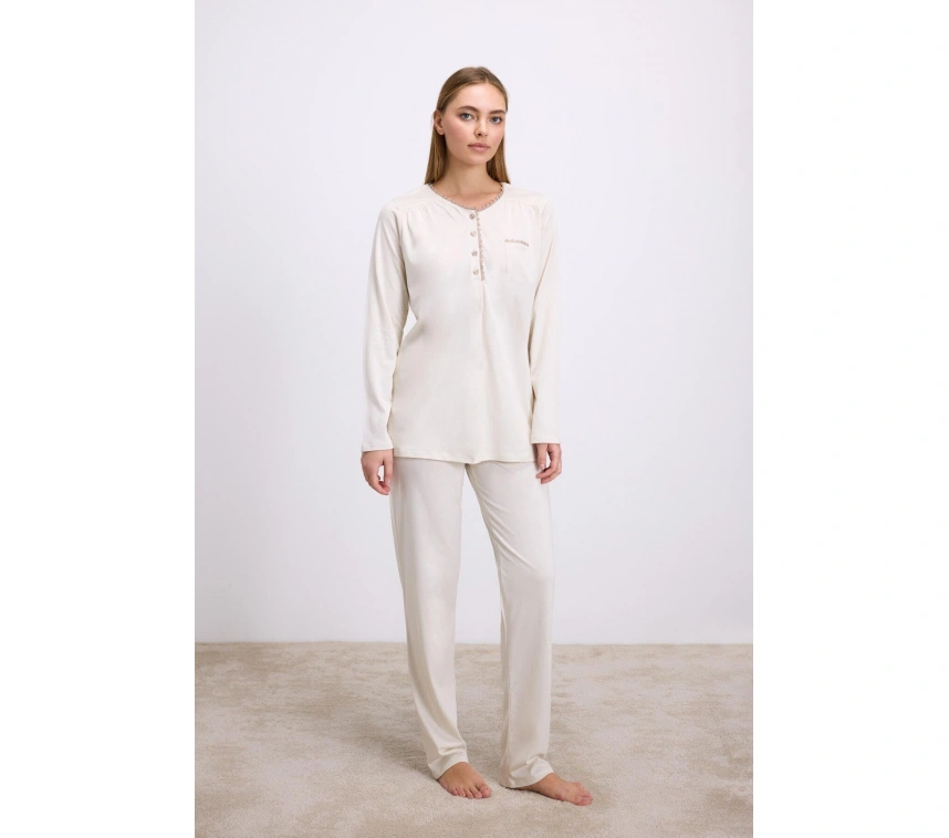 Fil Dişi Modal Pamuklu Uzun Kollu Düğmeli 2li Pijama Takımı