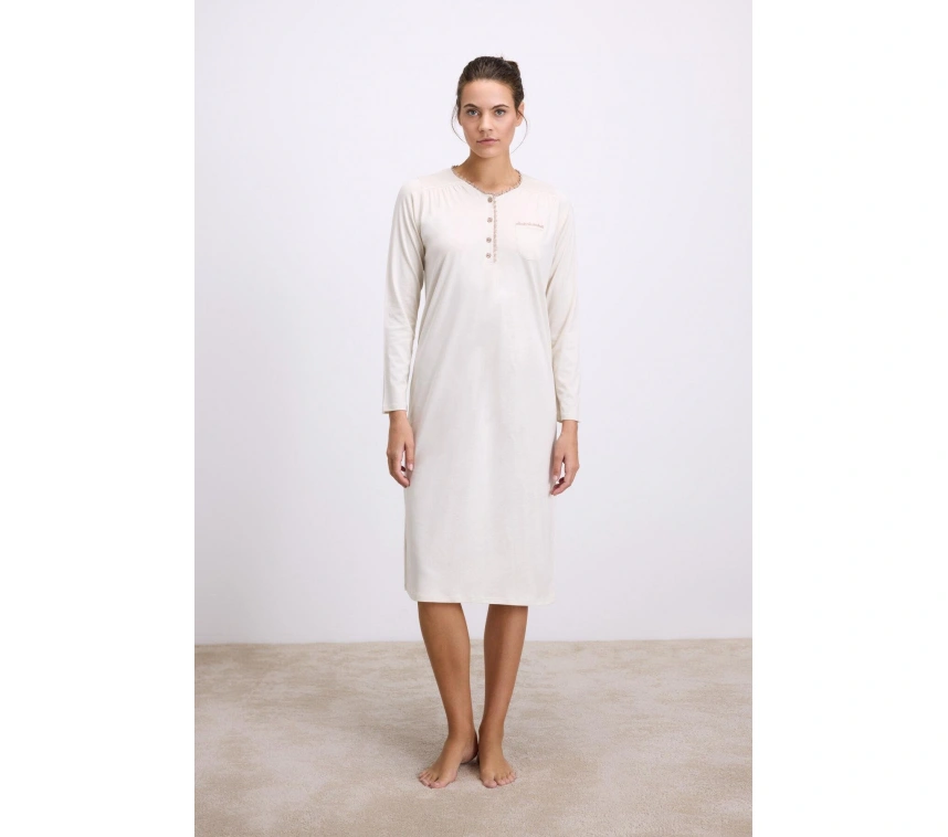 Fil Dişi Modal Uzun Kollu Düğmeli Gecelik