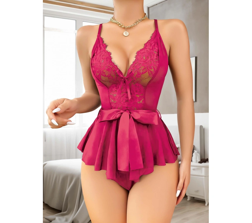 Fuşya Dantel İşlemeli Kurdelalı Fantezi Tül Babydoll