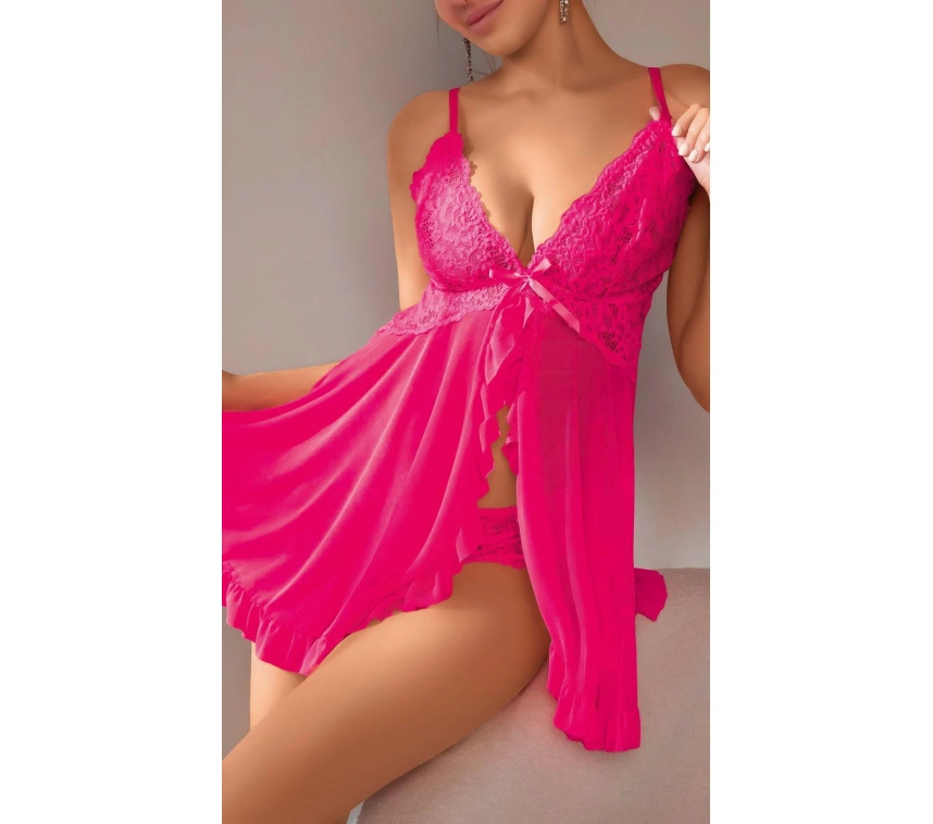 Fuşya Dantel İşlemeli Yırtmaçlı Transparan Fantezi Tül Gecelik