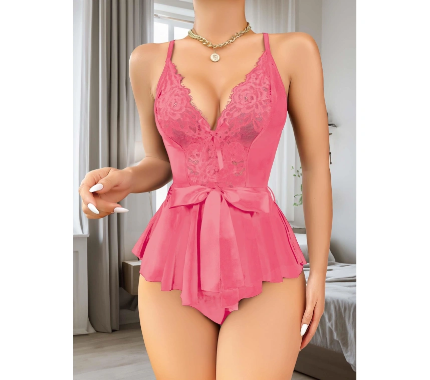 Gül Kurusu Dantel İşlemeli Kurdelalı Fantezi Tül Babydoll