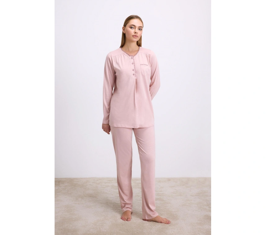 Gül Kurusu Modal Pamuklu Uzun Kollu Düğmeli 2li Pijama Takımı