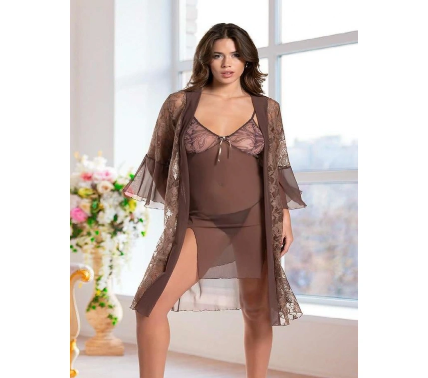 Haki Transparan Dantel İşlemeli Tül Yırtmaçlı 2li Gecelik Takımı