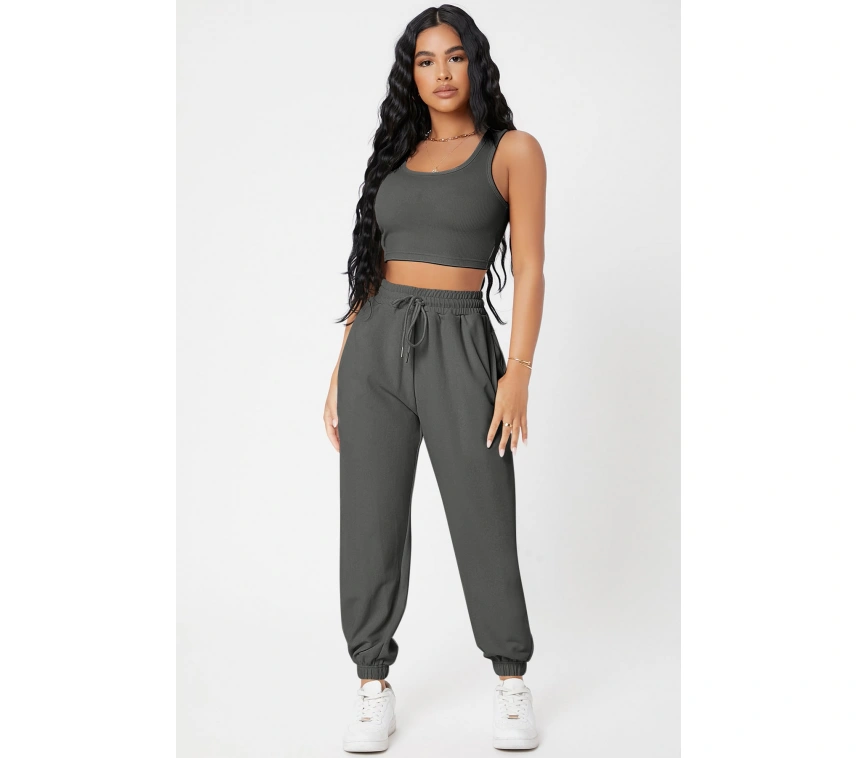 Kadın Antrasit Gri Kaşkorse Cepli Jogger Eşofman Altı Ve Crop Top Bluz