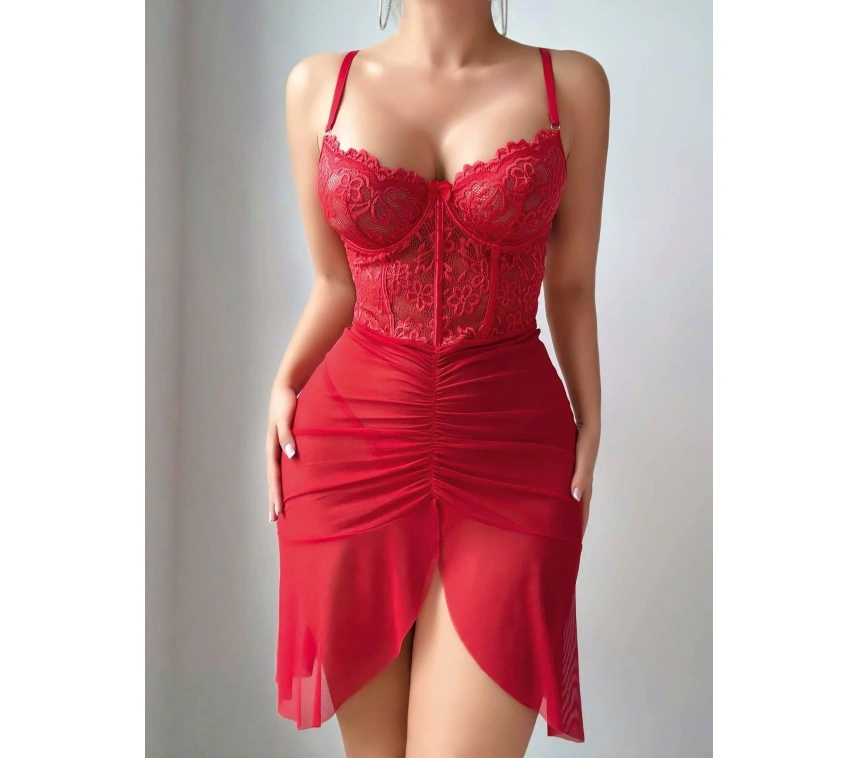 Kadın Ateş Kırmızısı Önden Yırtmaçlı Tül Fantezi Gecelik 2241