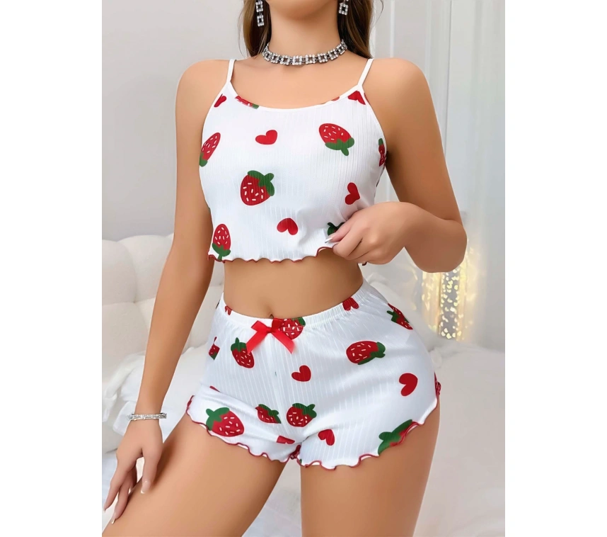Kadın Beyaz Çilek Desenli Şortlu Pijama Takımı 5053