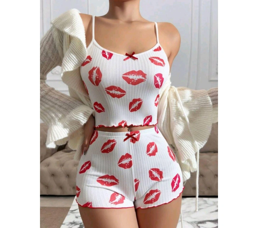 Kadın Beyaz Dudak Desenli Seksi Gecelik Takım 6642