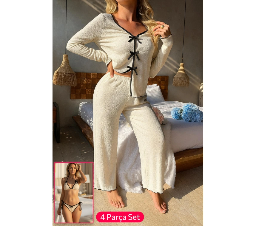 Kadın Beyaz Fiyonklu İç Çamaşırı Ve Uzun Kollu V Yaka Pijama Takımı 4lü Set