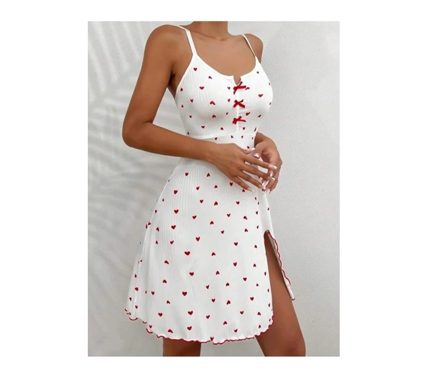 Kadın Beyaz Kırmızı Kalp Desenli Askılı  Elbise 5066