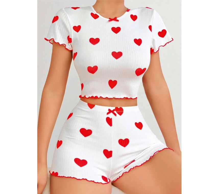 Kadın Beyaz Kırmızı Kalp Desenli Şortlu Gecelik Takım 5023