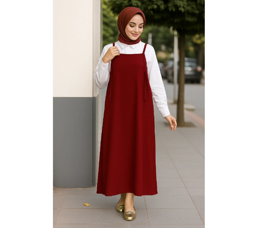 Kadın Bordo Basic Ayarlanabilir Askılı Jile Elbise