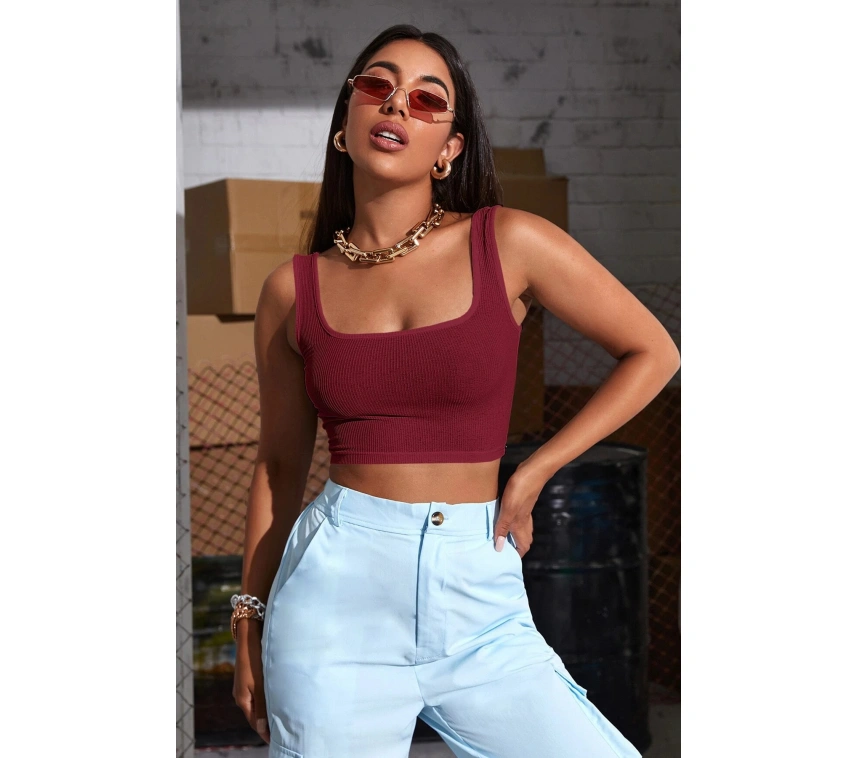 Kadın Bordo Kalın Askılı Crop Top Büstiyer