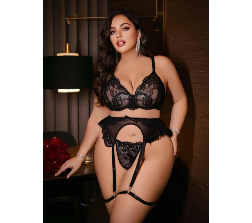 Kadın Büyük Beden Dantel Detaylı Fantezi Jartiyer Takımı 8010