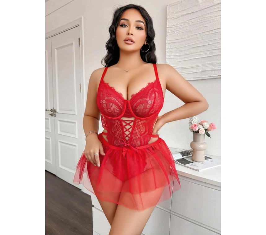 Kadın Çapraz İpli Dantelli Büyük Beden Tüllü Transparan Fantezi Gecelik 8008