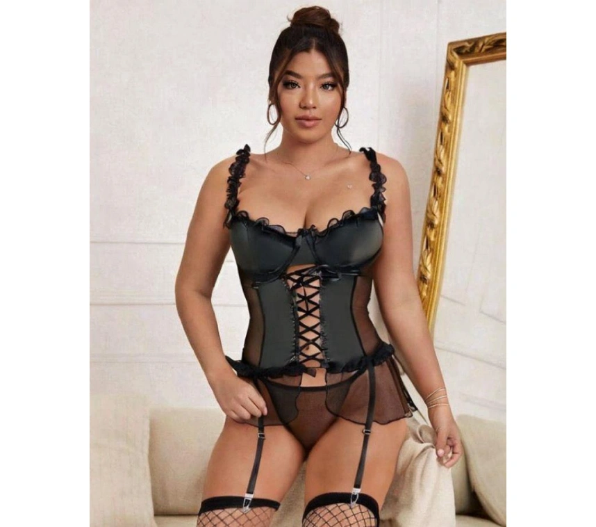 Kadın Çoraplı Lame Deri Fantezi Kostüm Elbise Seksi Gece Fantazi Kostüm 9002