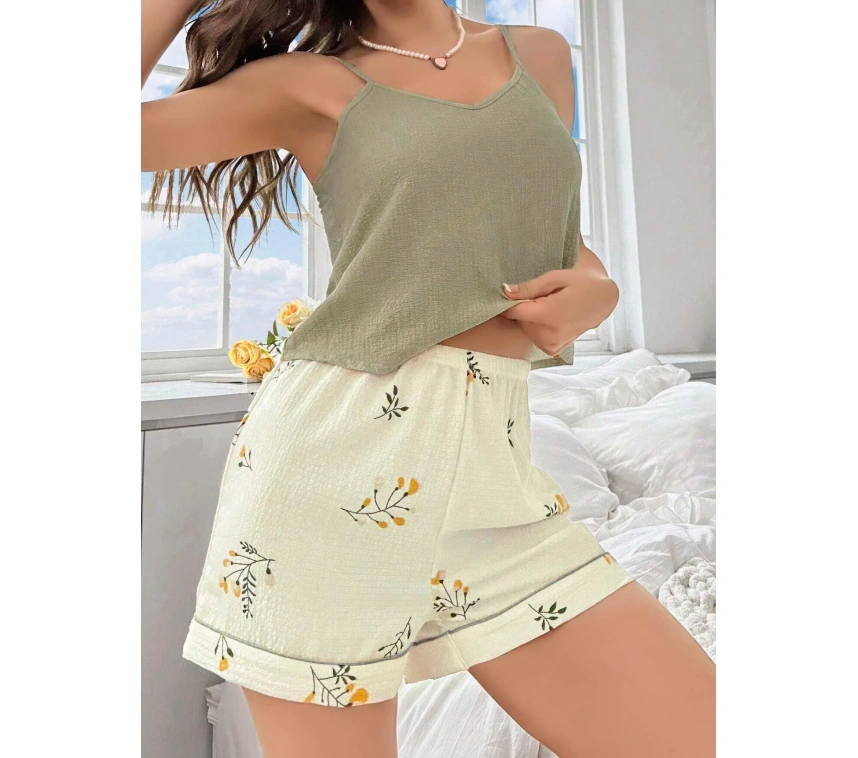 Kadın Ekru Çiçek Baskılı Şortlu Gecelik Pijama Takımı 5099