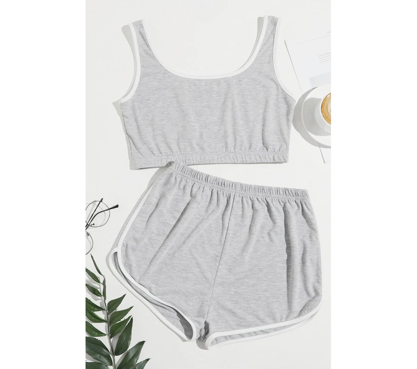 Kadın Gri Askılı Crop Top Ve Şortlu Gecelik Takım