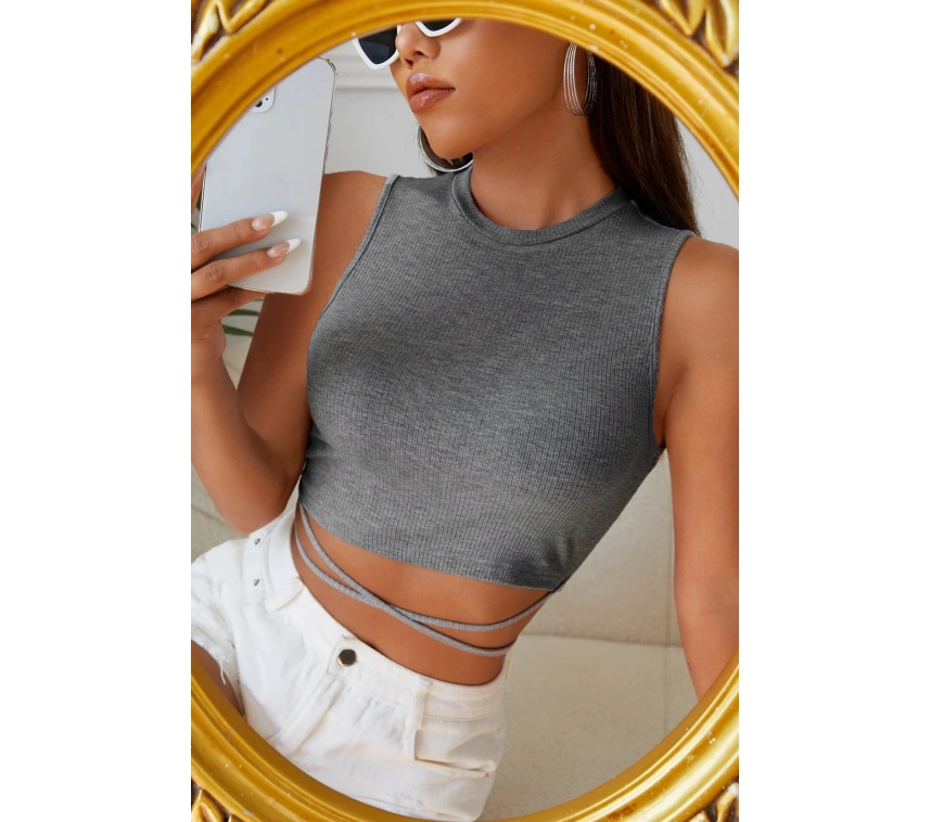 Kadın Gri Çapraz Bağlamalı Crop Top Büstiyer