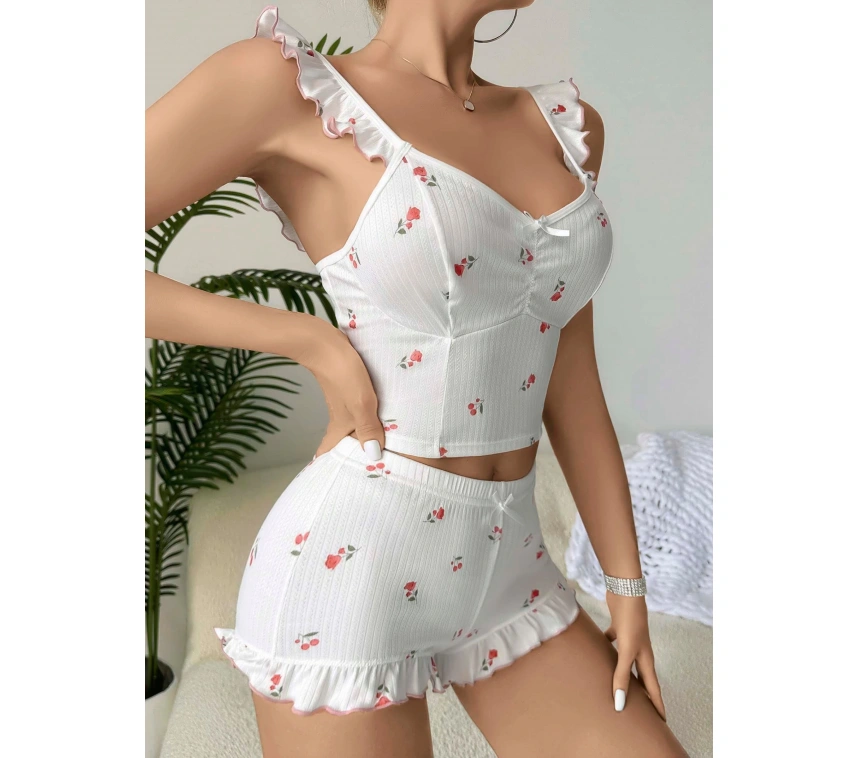 Kadın Gül Ve Kiraz Desenli Şortlu Gecelik Takım 5112
