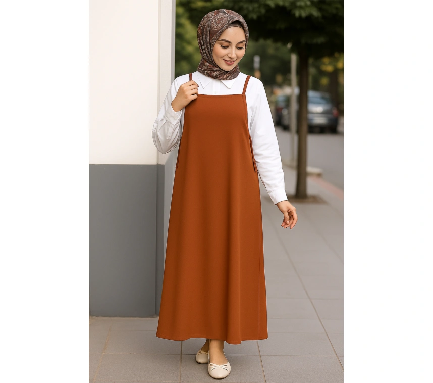 Kadın Kahverengi Basic Ayarlanabilir Askılı Jile Elbise