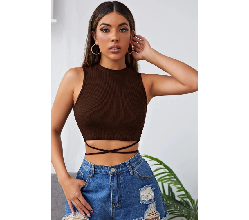 Kadın Kahverengi Çapraz Bağlamalı Crop Top Büstiyer