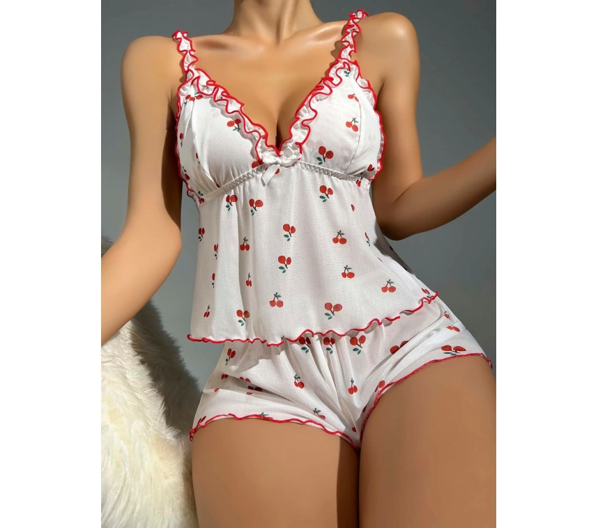 Kadın Kiraz Desenli Fırfırlı Şortlu Gecelik Takım 5101