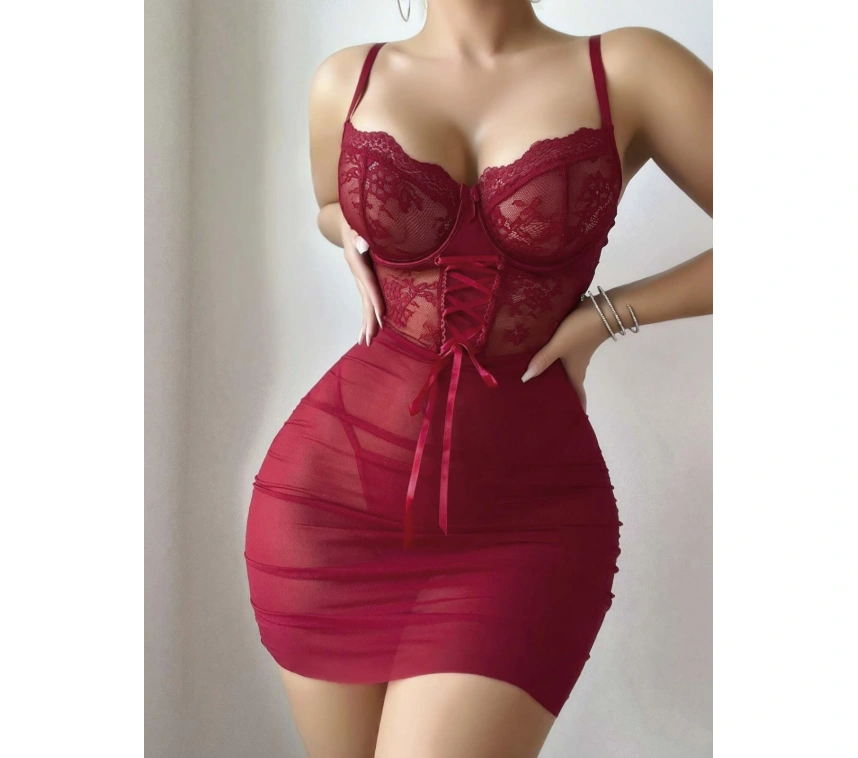 Kadın Kırmızı Fantazi Gecelik Tül Dantel Fiyonk Detaylı Askılı 2209