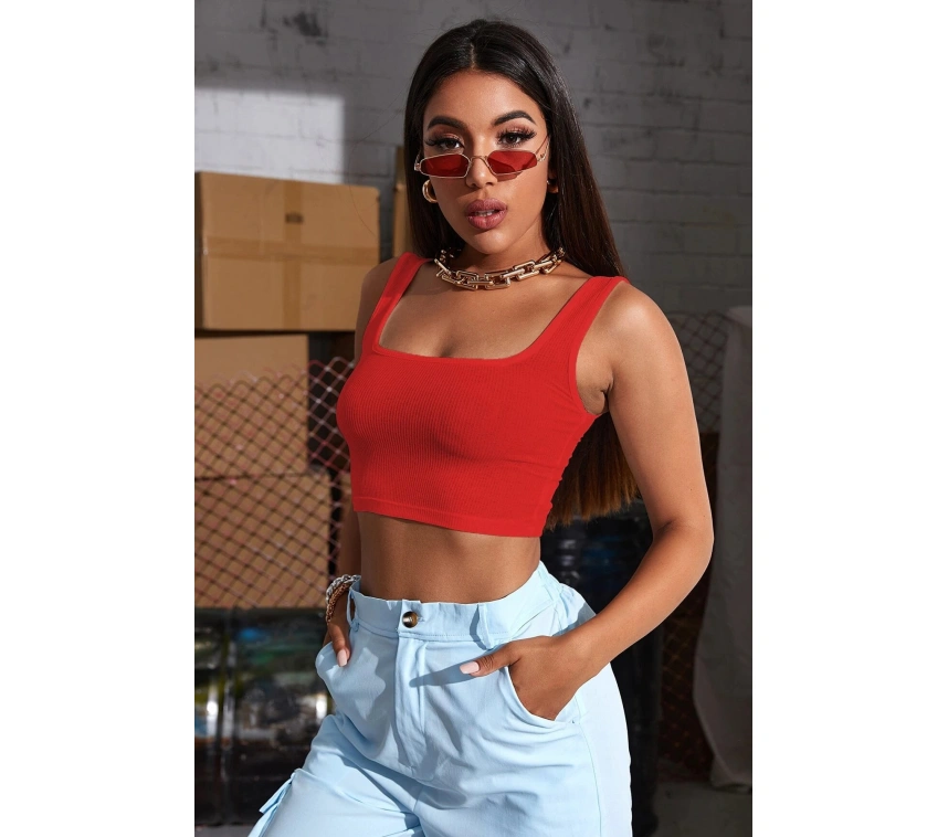 Kadın Kırmızı Kalın Askılı Crop Top Büstiyer